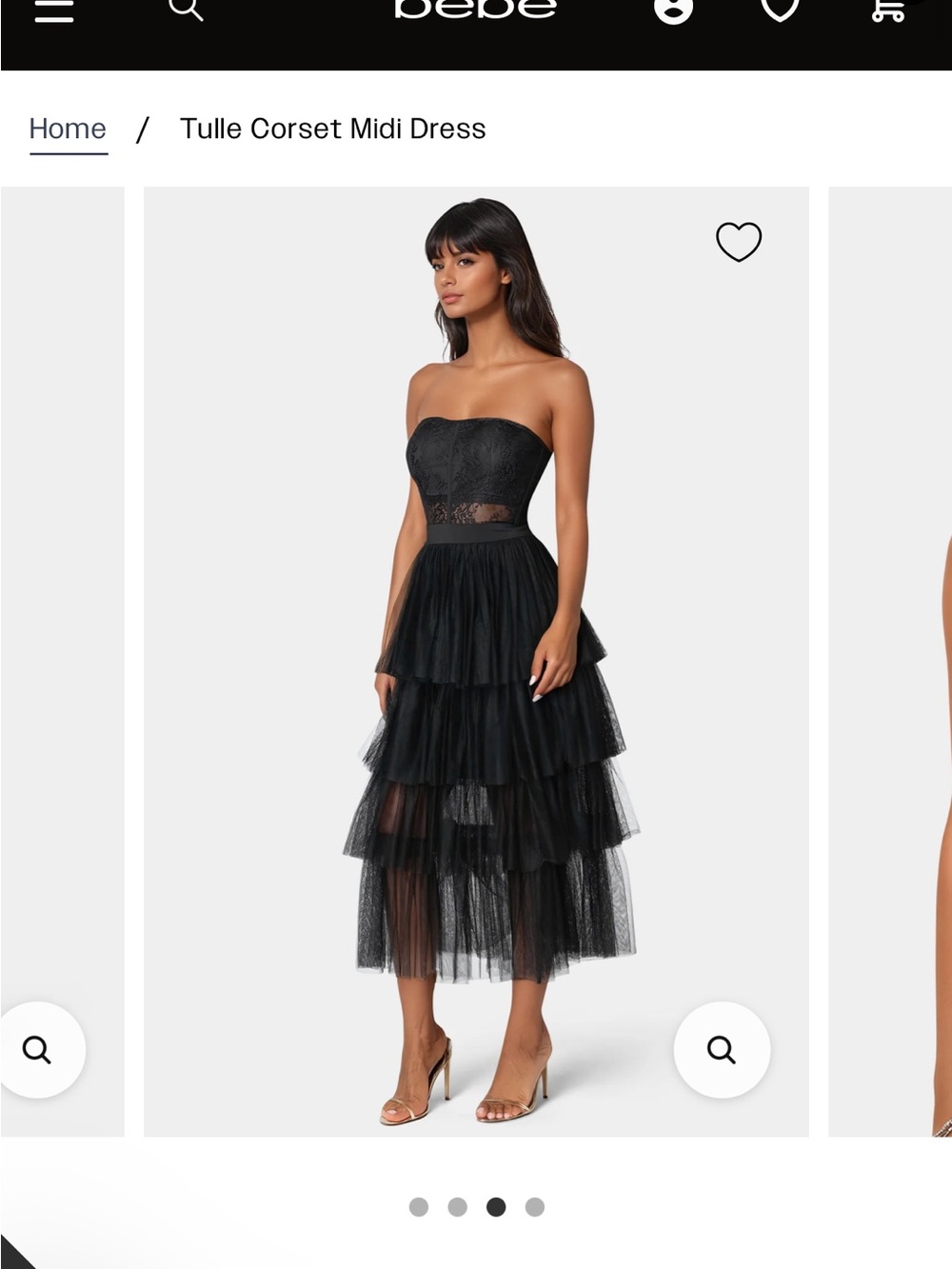 bebe Strapless Black Layered Tulle Midi Dress